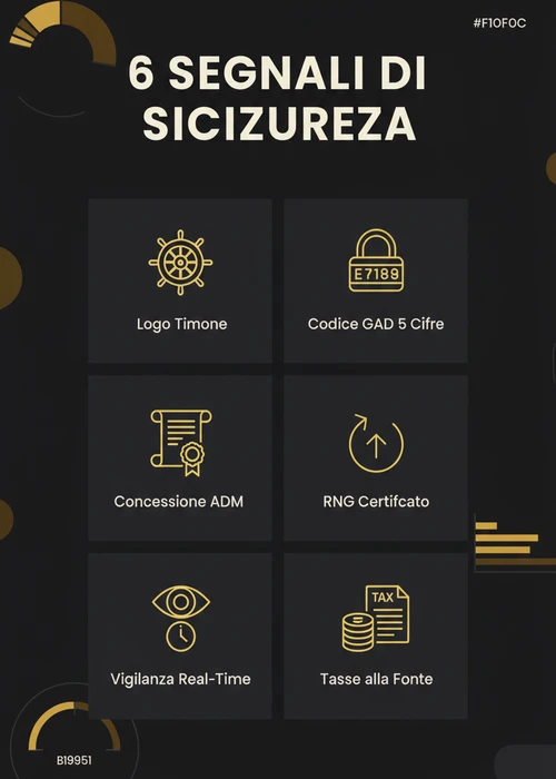 Icone di sicurezza digitali e logo ADM su sfondo di slot machine, rappresentando la protezione nei casinò online.
