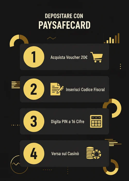Carta prepagata Paysafecard con codice PIN a 16 cifre su sfondo di fiches da casinò e monete d'euro
